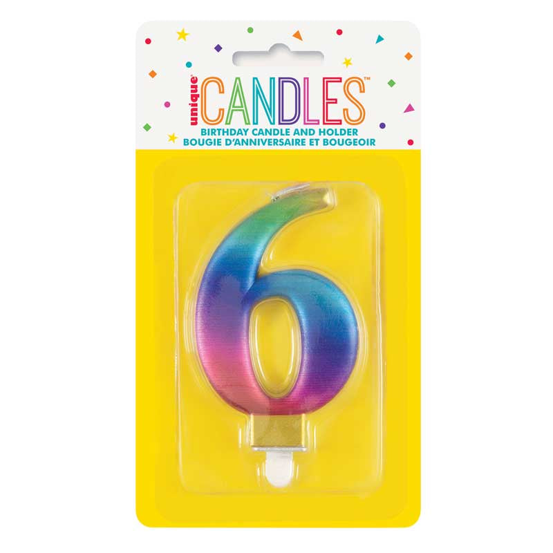 Metallic rainbow number 6 birthday cake candle 9cm
