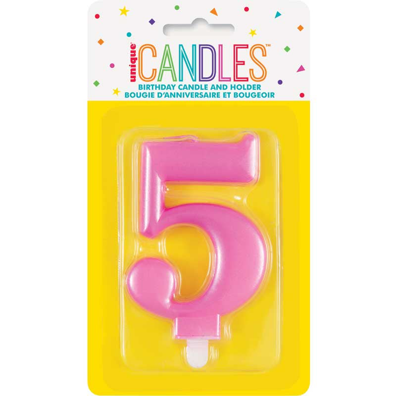 Metallic pink number 5 birthday cake candle approximately 9cm tall