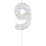 No 9 giant sprinkle birthday cake candle with colourful pastel sprinkles