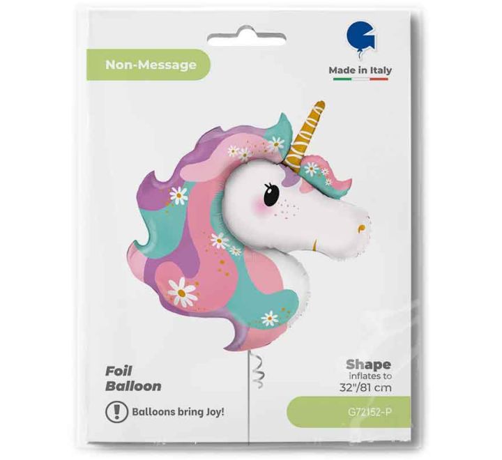 Pastel daisy unicorn head foil balloon with colourful floral mane.