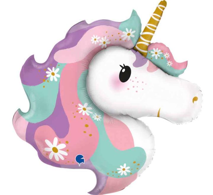 Pastel daisy unicorn head foil balloon with colourful floral mane.