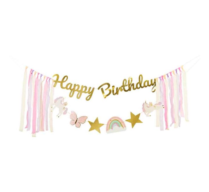 Unicorn pastel Happy Birthday banner with gold lettering, rainbow accents, unicorns and tassel garlands.