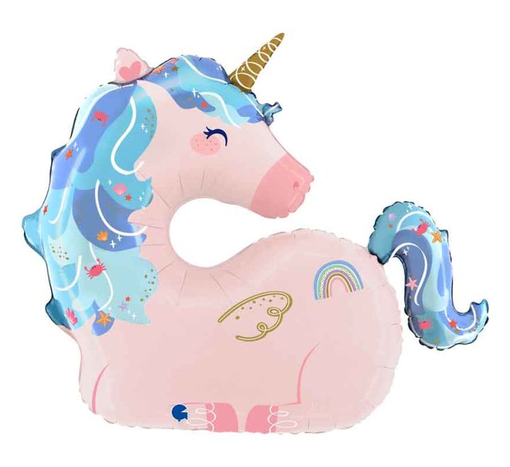 Pastel pink unicorn foil balloon with blue mane, gold horn and rainbow details.