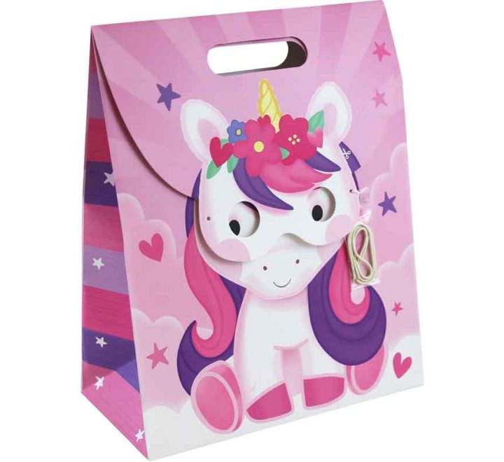 Large pink unicorn gift bag with decorative 3D unicorn mask on the front