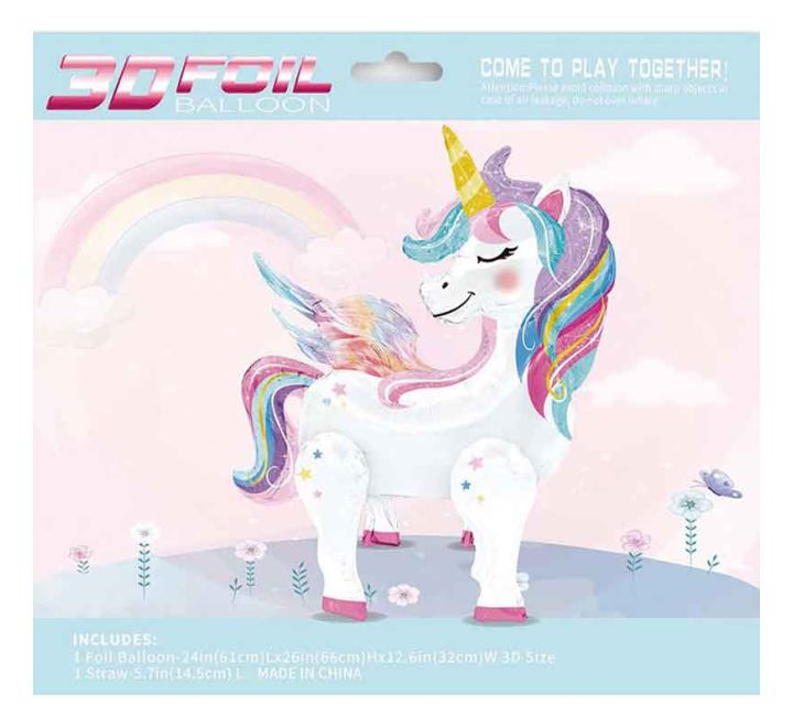 Standing unicorn foil balloon with pastel rainbow mane and gold horn