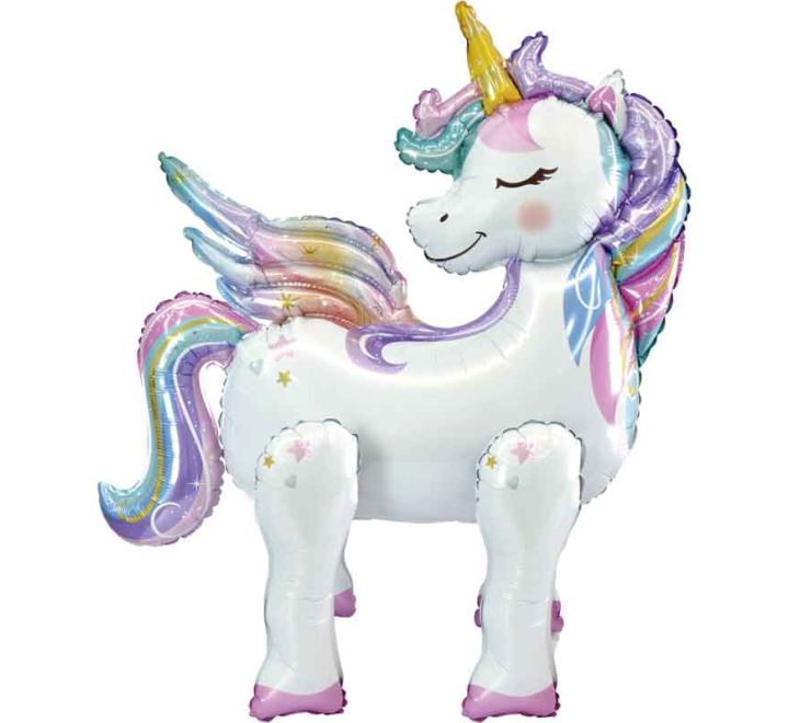 Standing unicorn foil balloon with pastel rainbow mane and gold horn