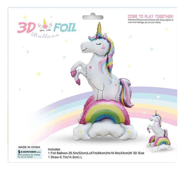 Foil balloon shaped like a white unicorn standing on a colorful rainbow with clouds, featuring pastel details and a whimsical design