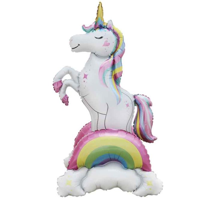 Foil balloon shaped like a white unicorn standing on a colorful rainbow with clouds, featuring pastel details and a whimsical design