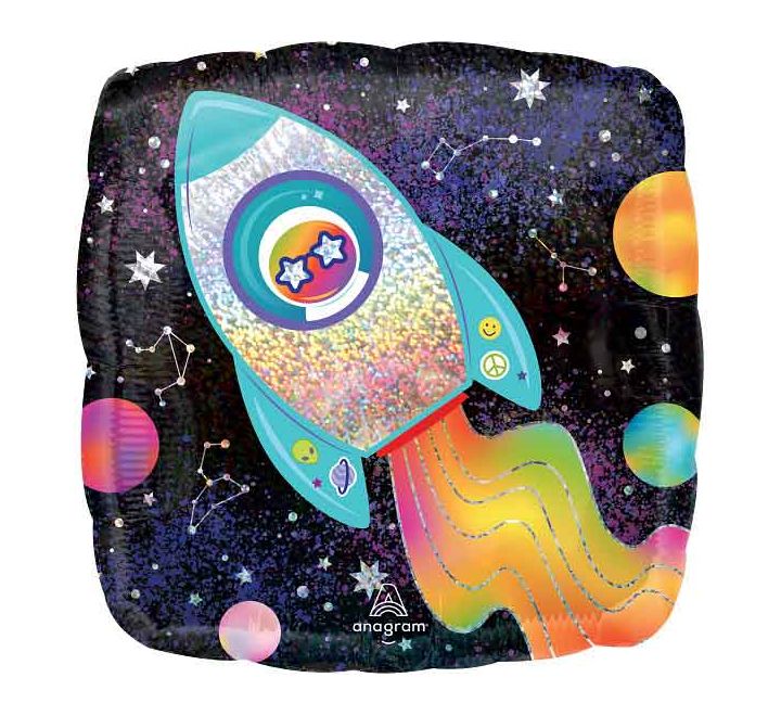 quare holographic rocket foil balloon with galaxy background