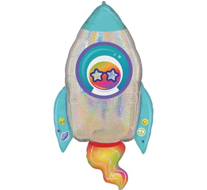 Holographic rocket-shaped foil balloon with rainbow flame tail
