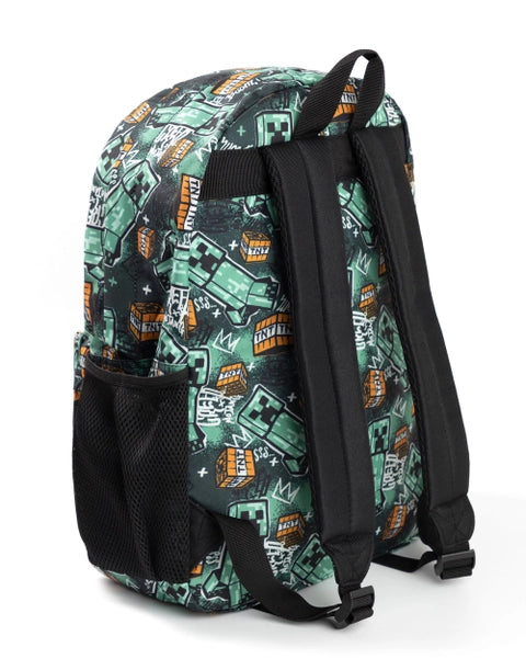 Minecraft backpack featuring Creeper and TNT block all-over print in green and black colours.