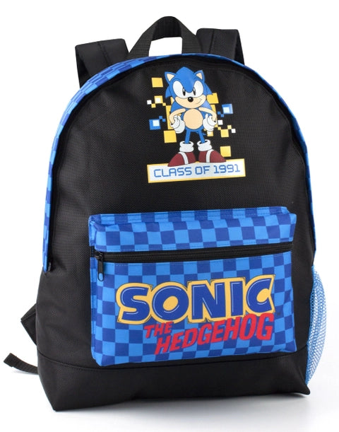“Sonic the Hedgehog kids backpack in black with blue chequered front pocket and ‘Class of 1991’ graphic.”