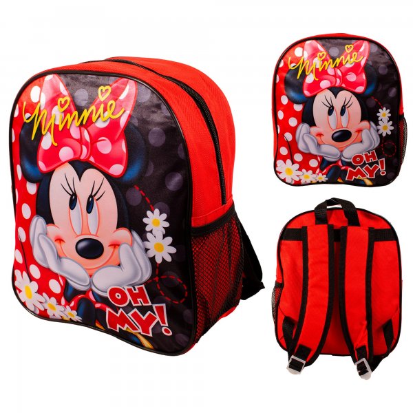 Minnie Mouse backpack with red polka dot bow design and adjustable shoulder straps