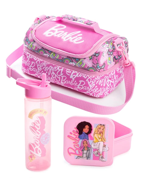 Barbie pink lunch bag with water bottle and snack box set