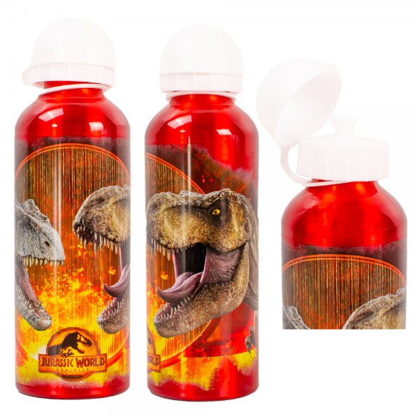 Jurassic World red kids aluminum water bottle with T-Rex design and flip top lid

