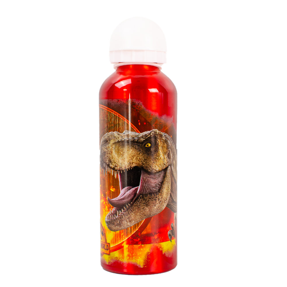 Jurassic World red kids aluminum water bottle with T-Rex design and flip top lid
