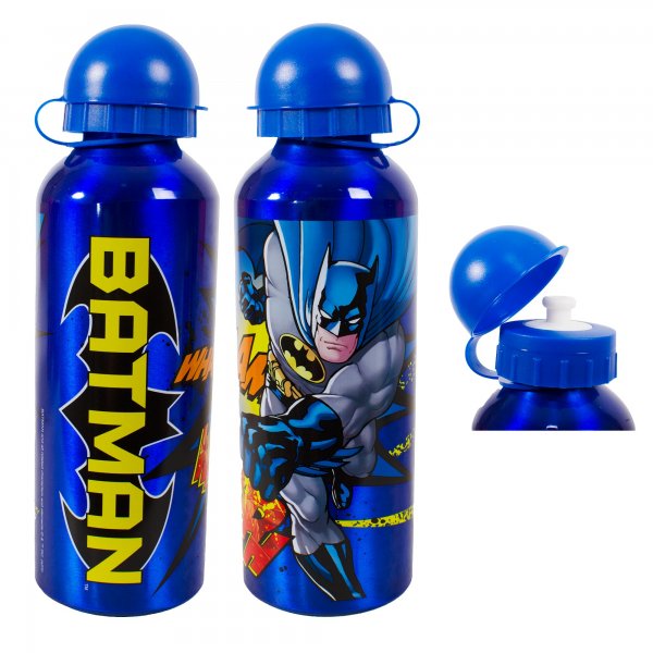 Batman blue metal drinks bottle with flip-top lid and superhero design