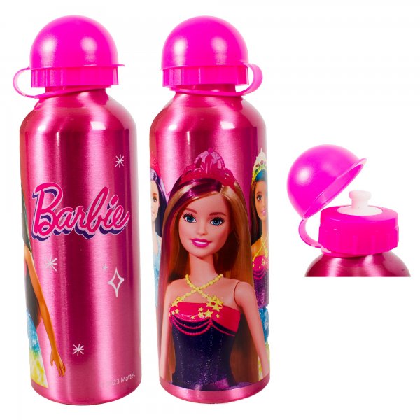 Barbie pink metal drinks bottle with flip-top lid and character design