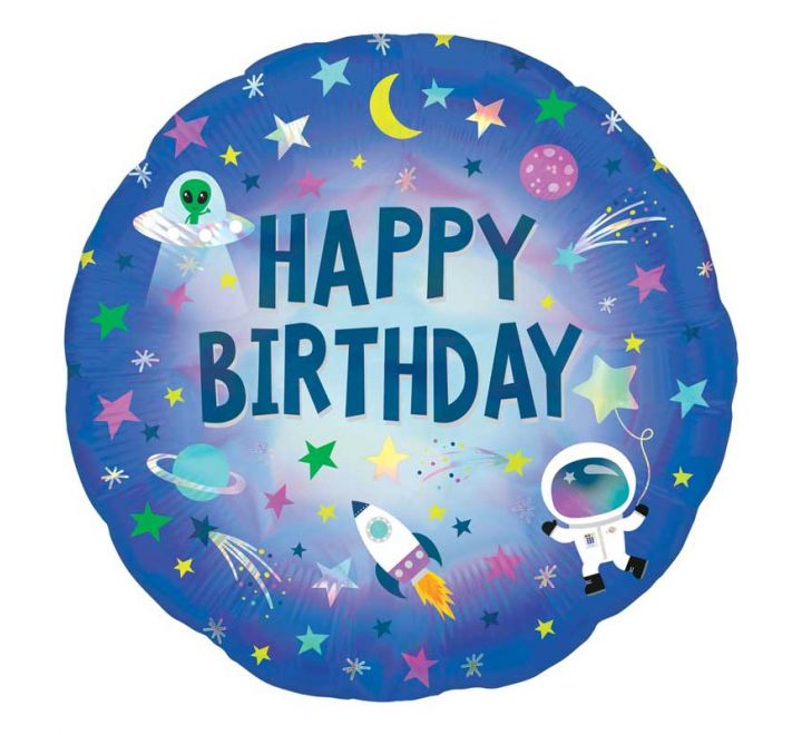 Space-themed Happy Birthday foil balloon with astronaut and alien