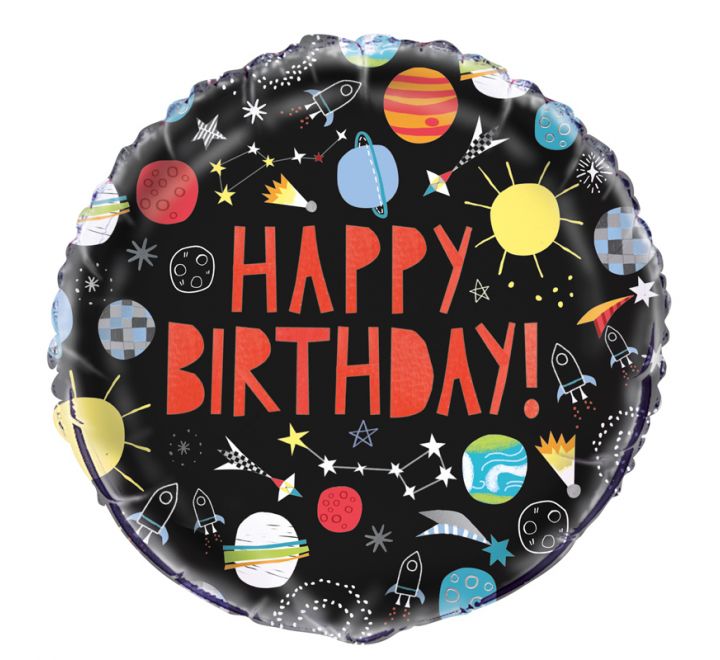 Space birthday foil balloon with rockets, planets and ‘HAPPY BIRTHDAY!’ text