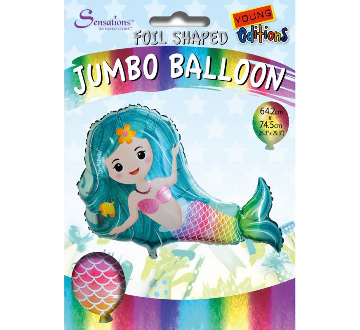 Mermaid shaped foil balloon with turquoise hair and rainbow tail