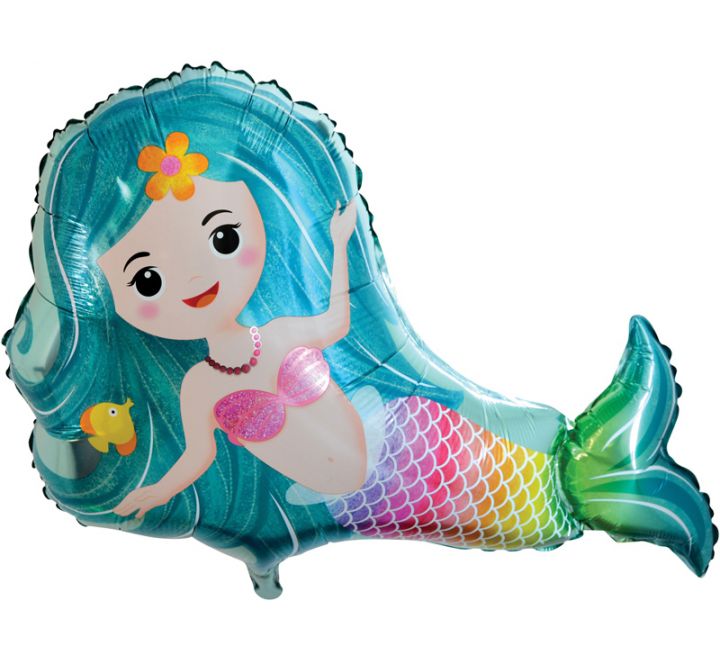 Mermaid shaped foil balloon with turquoise hair and rainbow tail