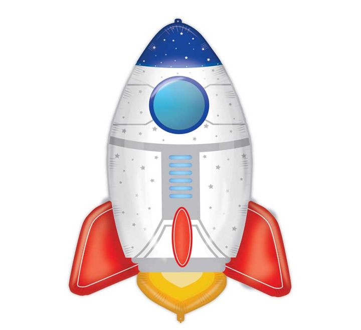 Giant rocket-shaped foil balloon with red fins and blue top