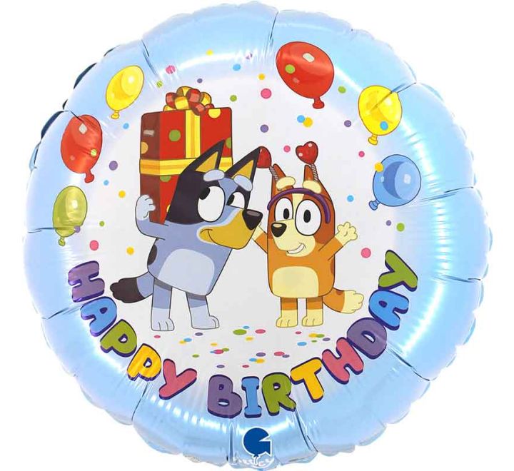 18 inch Bluey Happy Birthday foil balloon with Bluey and Bingo design