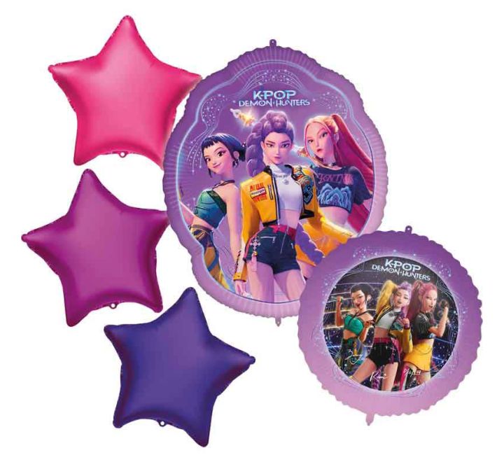 K-Pop Demon Hunters 5 piece foil balloon bouquet with character and star shaped balloons