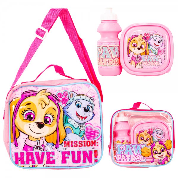 Paw Patrol pink kids lunch bag set with bottle and snack box
