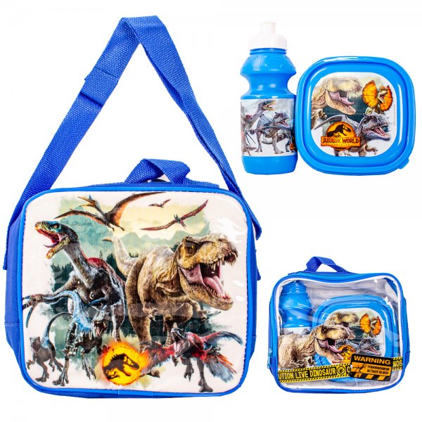 Jurassic World blue kids lunch bag set with bottle and snack box
