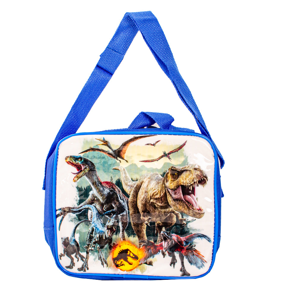 Jurassic World blue kids lunch bag set with bottle and snack box
