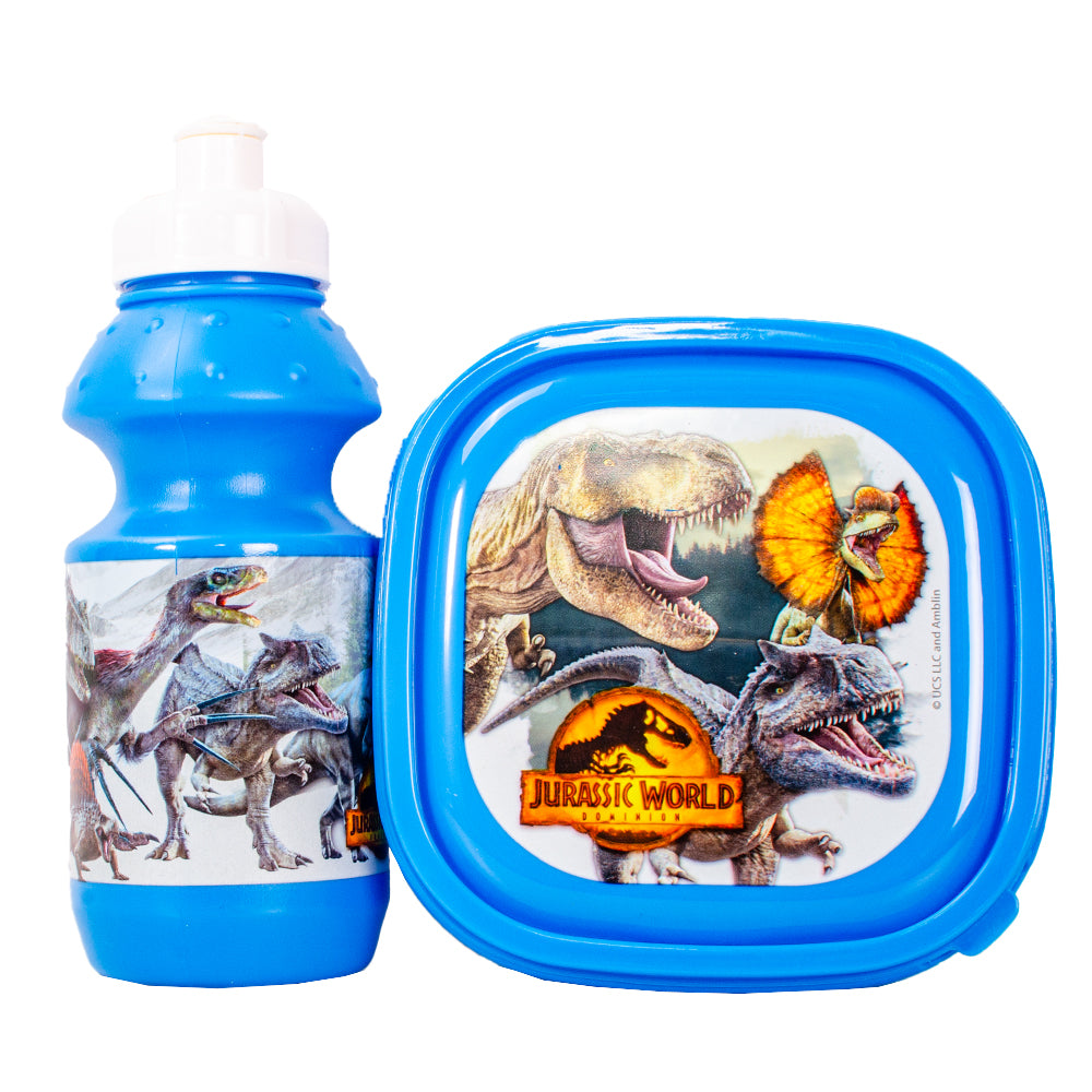 Jurassic World blue kids lunch bag set with bottle and snack box
