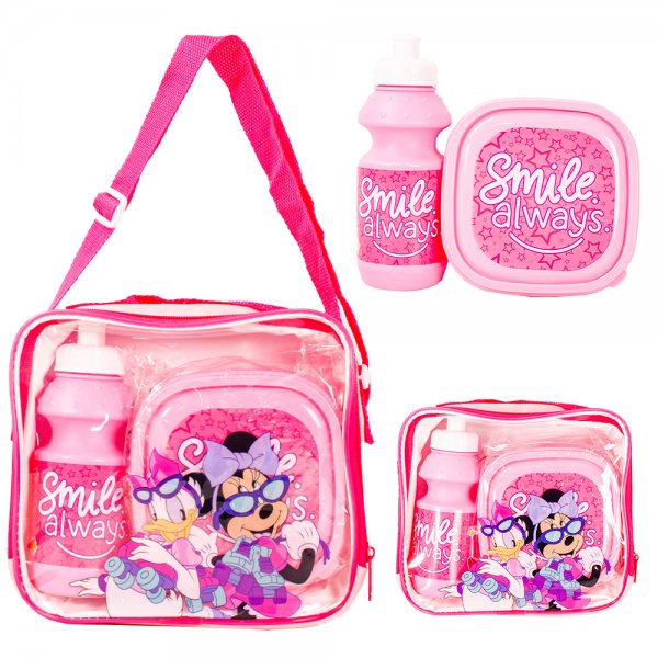 Official Minnie Mouse pink lunch bag set with bottle and food container inside clear zip bag