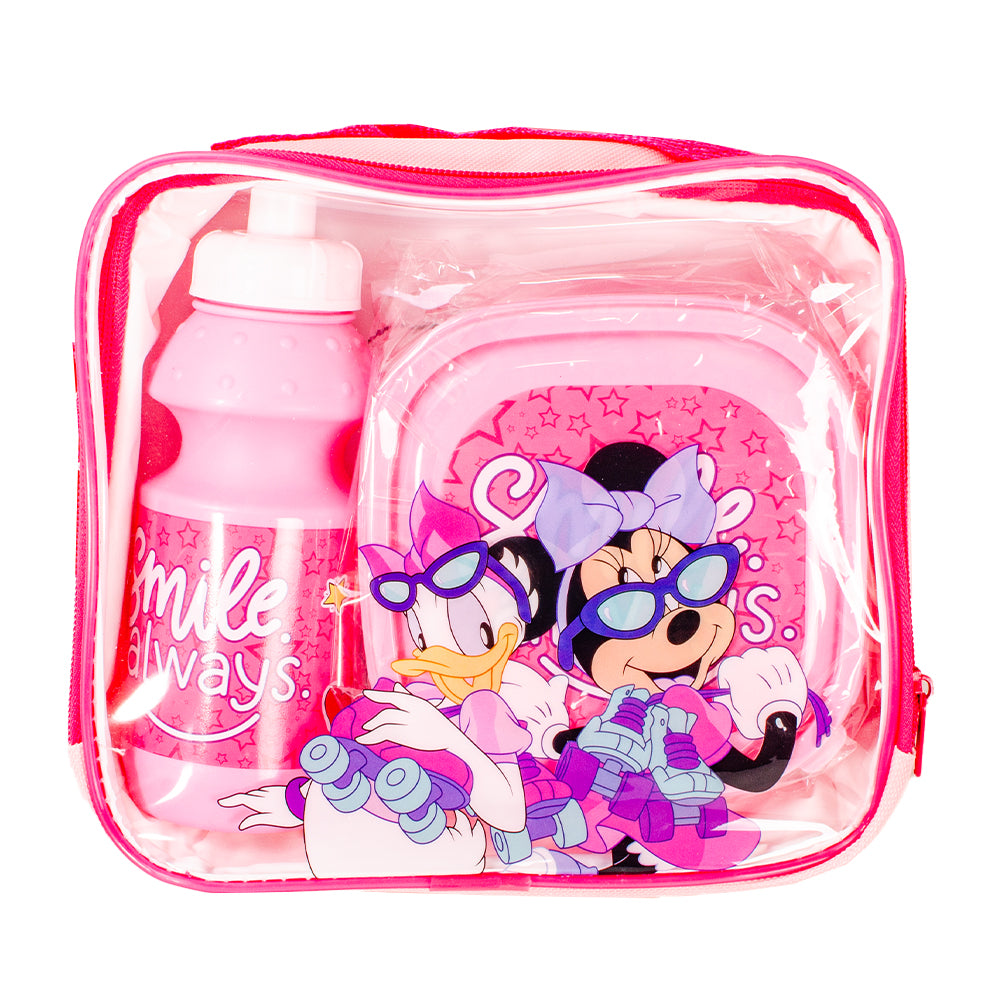 Official Minnie Mouse pink lunch bag set with bottle and food container inside clear zip bag