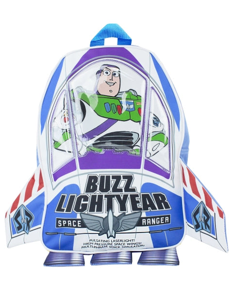 Disney Toy Story Buzz Lightyear rocket ship backpack with cockpit window, wings and Space Ranger design for kids.