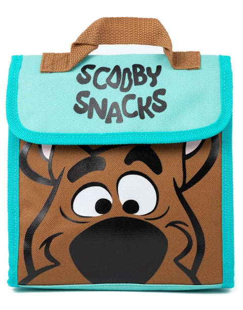 Scooby-Doo kids backpack set with brown Scooby face design, aqua blue front pocket, and matching accessories