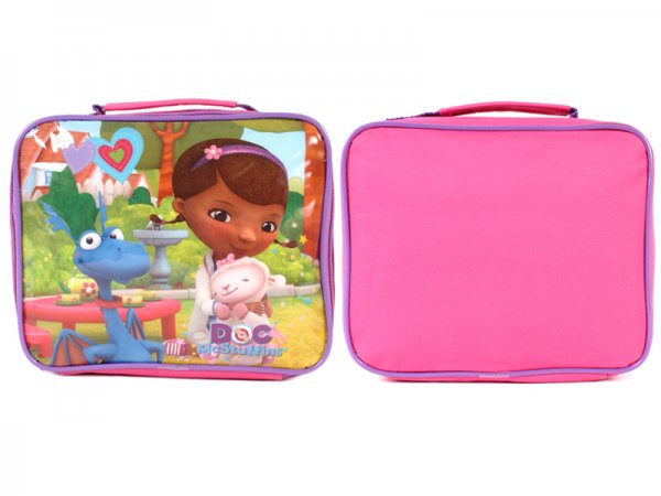 Pink Disney Doc McStuffins kids lunch bag featuring Doc, Stuffy and Lambie