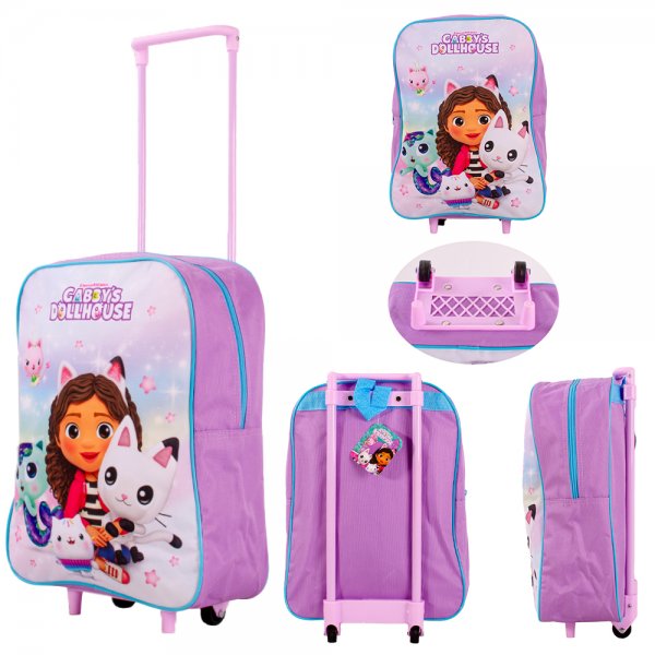 Pink Gabby's Dollhouse kids wheeled backpack featuring Gabby and her cat friends