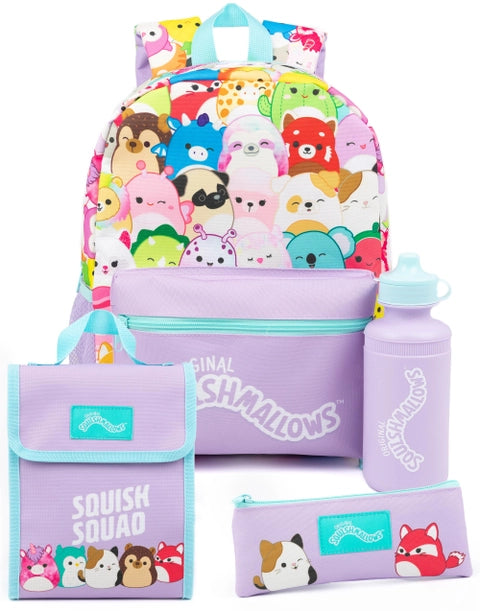 Squishmallows backpack set with lunch bag, pencil case and water bottle in pastel character design