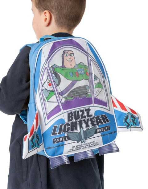 Disney Toy Story Buzz Lightyear rocket ship backpack with cockpit window, wings and Space Ranger design for kids.