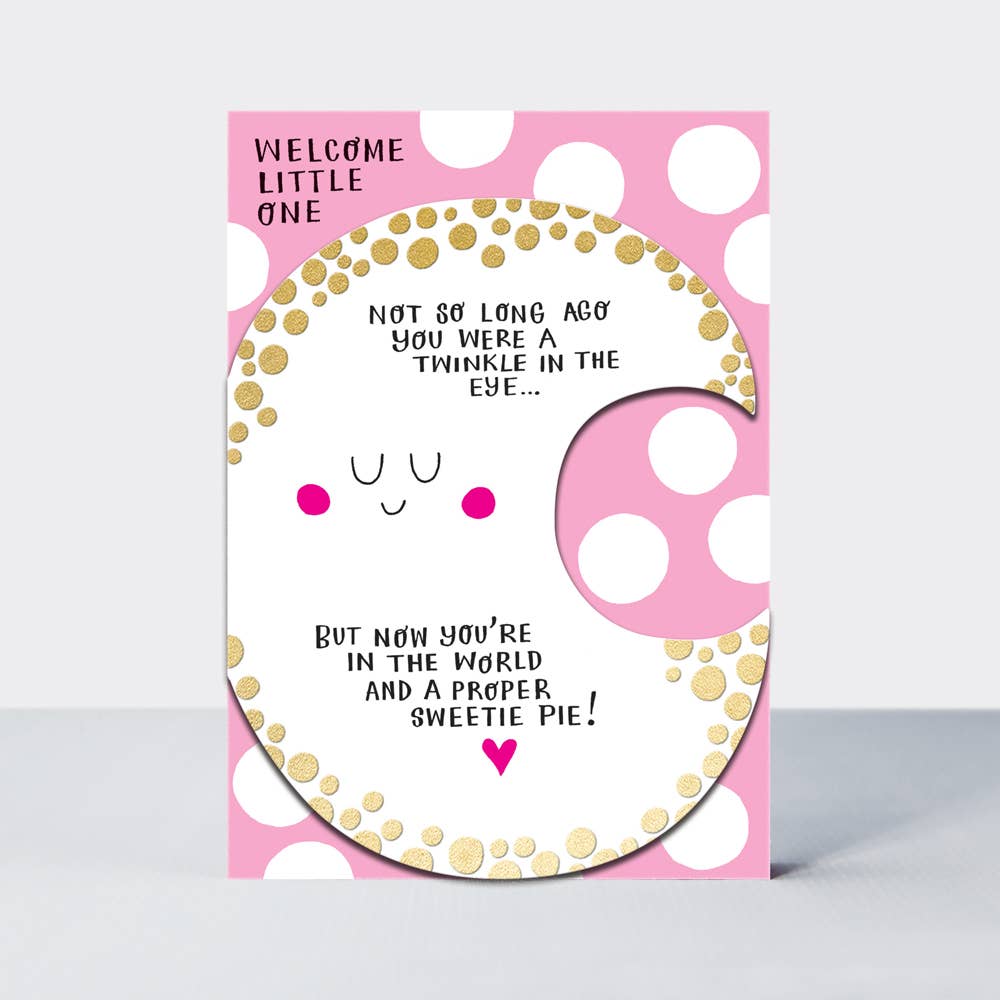 Welcome Little One” New Baby Card – Pink Moon &amp; Polka Dot Design