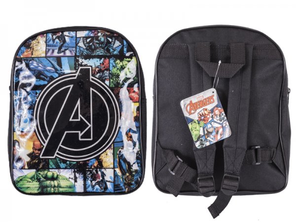 Black Marvel Avengers comic backpack featuring colourful superhero artwork and Avengers logo