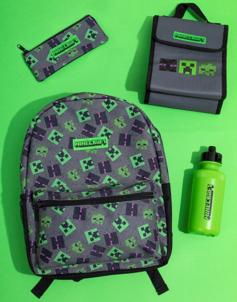 Minecraft four-piece kids backpack set including Creeper-pattern backpack, matching lunch bag, pencil case, and green water bottle.
