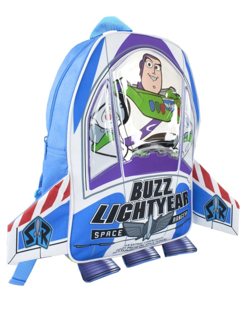 Disney Toy Story Buzz Lightyear rocket ship backpack with cockpit window, wings and Space Ranger design for kids.