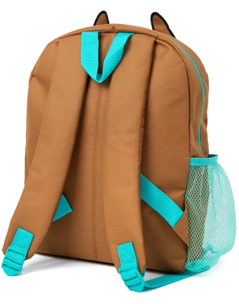 Scooby-Doo kids backpack set with brown Scooby face design, aqua blue front pocket, and matching accessories