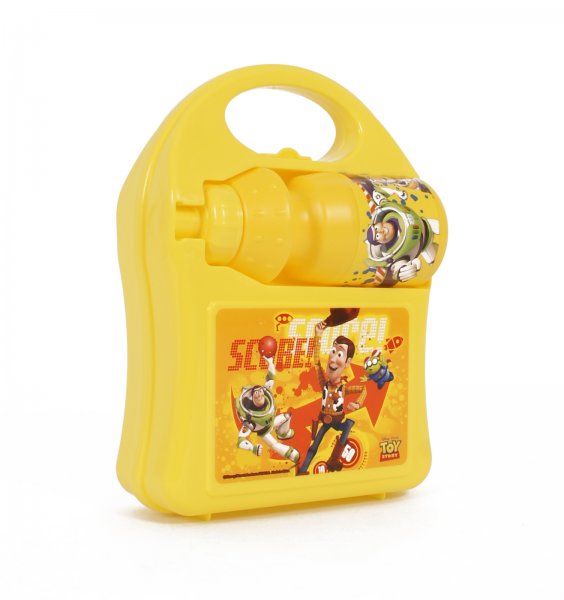 Yellow Disney Pixar Toy Story kids water bottle featuring Woody and Buzz Lightyear