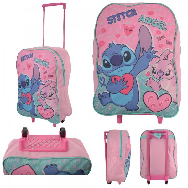 Pink Disney Stitch and Angel kids wheeled backpack with trolley handle and wheels