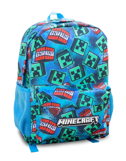 Minecraft blue backpack with TNT and Creeper pattern