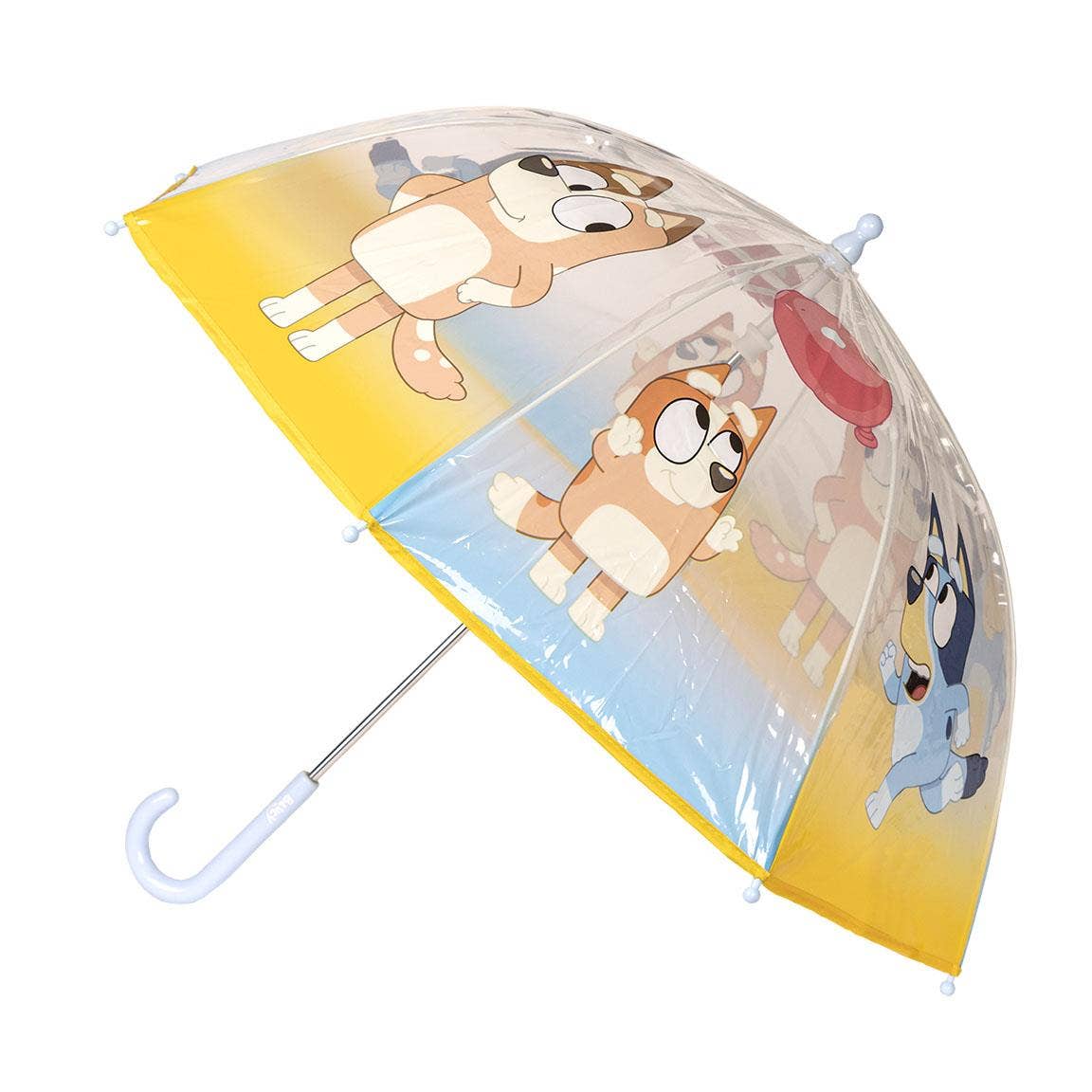 Bluey umbrella, Bluey children’s umbrella, Bluey kids rain gear, Bluey and Bingo umbrella, clear dome umbrella for kids, toddler umbrella, boys and girls umbrella, CBeebies Bluey accessories, kids yellow umbrella, cartoon umbrella
